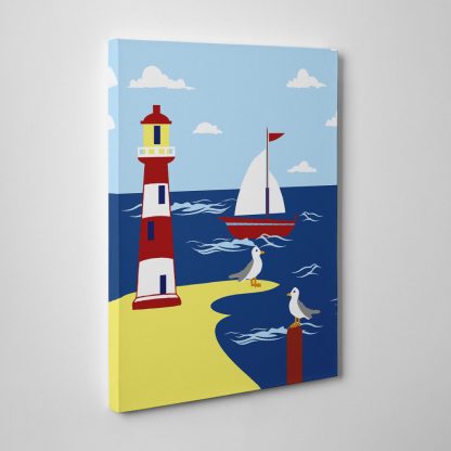 Lighthouse-Seaside-Scene-Framed-Canvas-Art-Print-Illustration-Building-Boat-372107770404